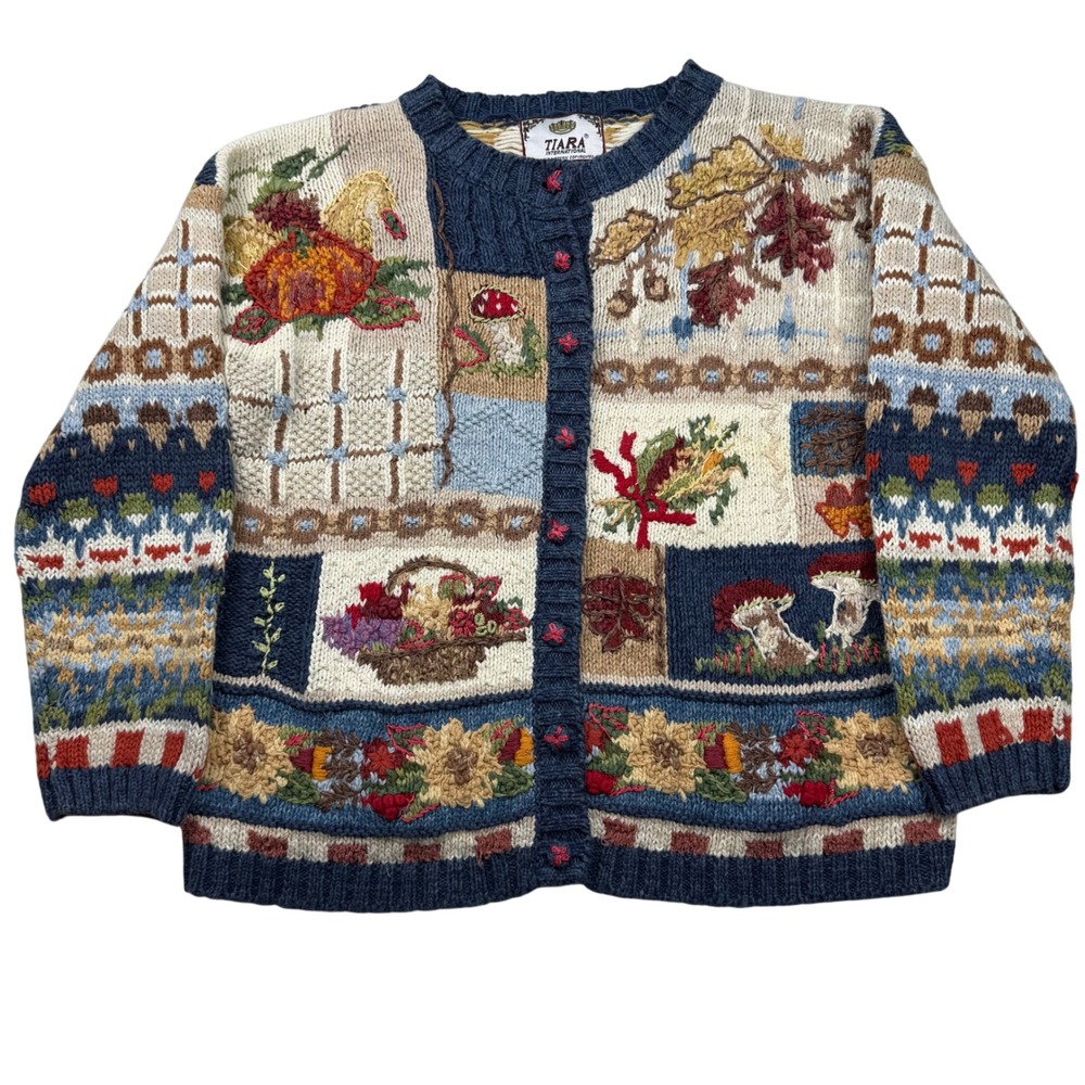 VTG Tiara International Autumn Patchwork Cardigan Sweater Pumpkins M Mushroom